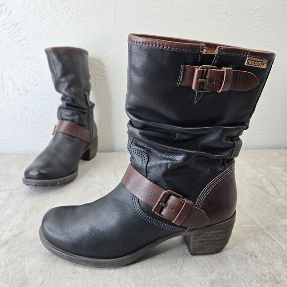 Pikolinos Moto Boots Womens 6.5-7 Black Leather Buckle Biker Block Heel Booties - Picture 1 of 14